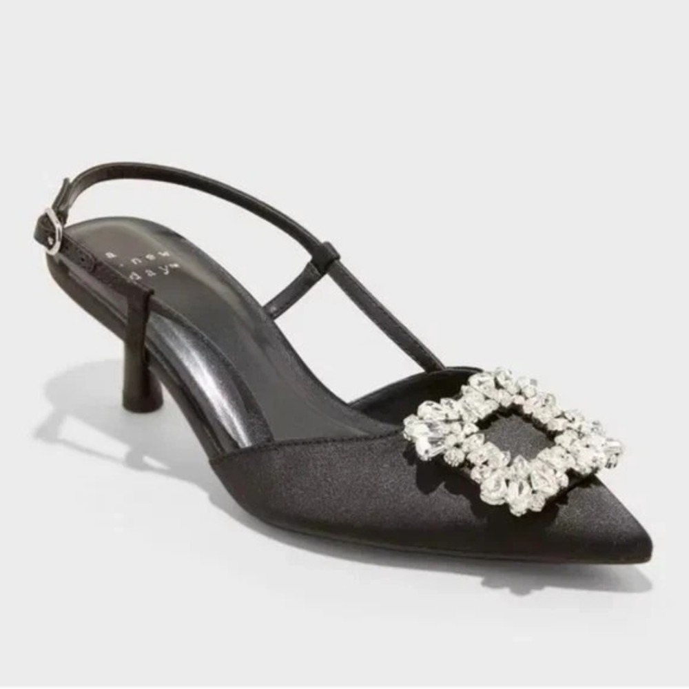 A New Day Annette Satin Slingback Heels Black Size 6.5 New With Tags